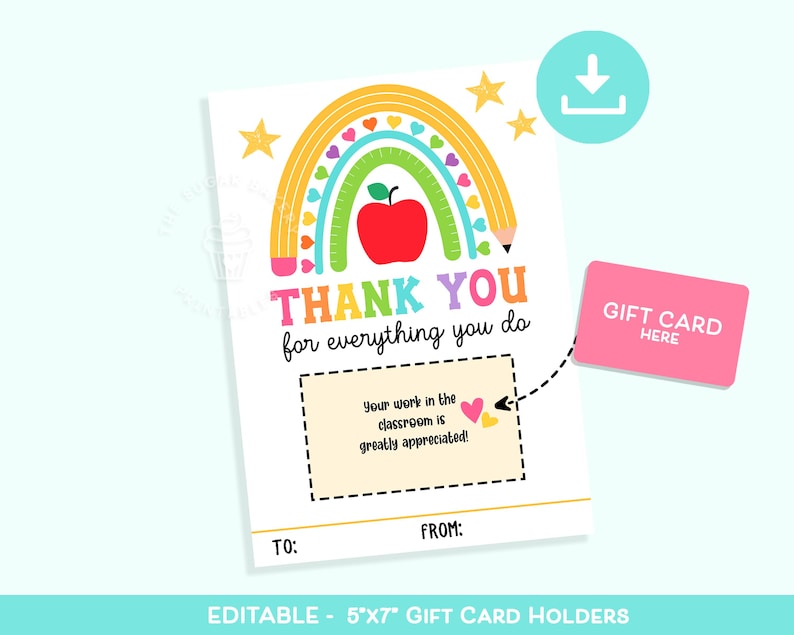 Pu&ograve; includere: Porta biglietti regalo stampabile modificabile di 5x7 pollici con un design arcobaleno, mela e matita. Il testo recita "Grazie per tutto quello che fai." e "Il tuo lavoro in classe &egrave; molto apprezzato!"
