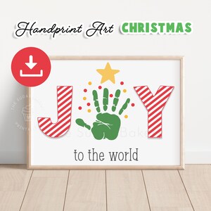 Arte con huellas de manos en el árbol de Navidad JOY, manualidad con huellas de manos para preescolar, recuerdo navideño con huellas de manos, manualidad navideña imprimible