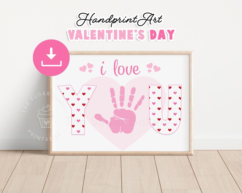 May include: Printable Valentine's Day handprint art with the words "i love you" in pink letters with red hearts. The letter "U" is a handprint.