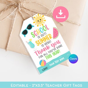 ¡Terminó la escuela! ¡Llegó el verano! ETIQUETAS EDITABLES, Etiqueta de agradecimiento al maestro, 2.5" x 3.75", Etiqueta de fin de año escolar para maestros, Editable en CANVA, Etiqueta imprimible