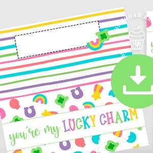 May include: Printable St. Patrick's Day gift tag with a rainbow, shamrock, horseshoe, and star pattern. The tag says "you're my lucky charm".