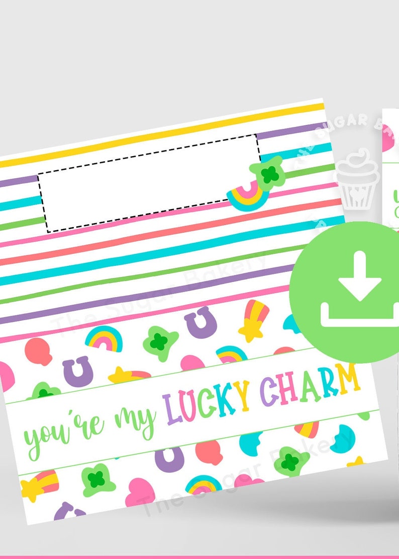 May include: Printable St. Patrick's Day gift tag with a rainbow, shamrock, horseshoe, and star pattern. The tag says "you're my lucky charm".