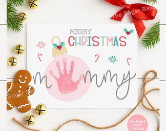 Merry Christmas Pink Ornament Handprint Craft for Mommy Printable gift for Mom Handprint Art from Baby Child Toddler Newborn Keepsake Gift