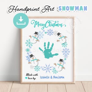Huella de mano con corona de muñeco de nieve, arte con huella de mano para la primera Navidad del bebé, regalo de Navidad con huella de mano, arte con huella de mano de niño imprimible con COPOS DE NIEVE
