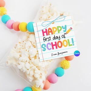 Etiquetas de feliz primeiro dia de aula, etiquetas de volta às aulas, presente de primeiro dia de aula para professor, aluno, professor, presente de agradecimento, etiqueta de biscoito