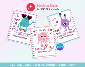 May include: Three Valentine's Day cards with monster illustrations. The cards feature colorful monsters with phrases like "You are so cool it's scary!" and "Eye think you're awesome!" The cards are 3"x4" and have a striped border.