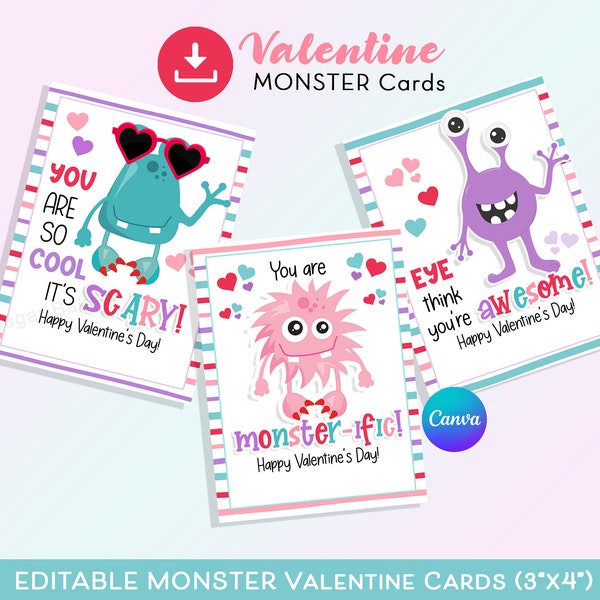 Editable MONSTER Valentines, Monster Cards for Kids, Monster Valentine Cards, Monster Gift Tags favor classroom, Valentines monster cards