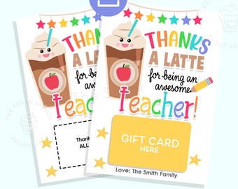 Ausdruckbarer LEHRER-Geschenkkartenhalter, „Thanks A Latte“-Lehrer-Anerkennungs-Geschenkkartenhalter zum Ausdrucken, letzter Schultag als Geschenk für Lehrer