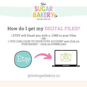 May include: A pink and white graphic with the text "the SUGAR BAKERY Co PRINTABLES" and the text "How do I get my DIGITAL FILES?" with instructions on how to download digital files from Etsy. The graphic includes an illustration of an email icon and a laptop computer.