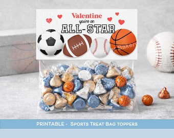 ALL-STAR Treat Bag Topper, Valentine SPORTS Treat Bag Topper, Basketball Soccer Baseball Football topper, Classroom School Valentines gift