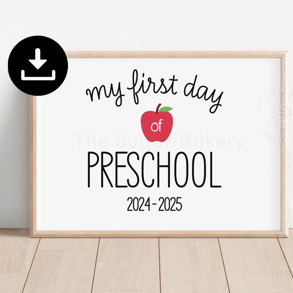 My First day of PRESCHOOL Sign, Preschool sign, Preschool Printable SIGN, Preschool Chalkboard Apple Sign, Digital Instant download  BW101
