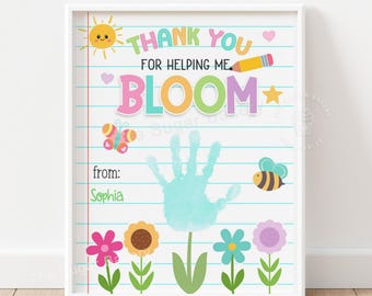Teacher Handprint Craft gift printable Thank you helping me BLOOM Teacher Appreciation Preschool Daycare Kindergarten Craft Activity Toddler
