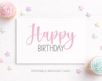 Tarjeta de cumpleaños imprimible con texto en rosa, moderna tarjeta de felicitación de cumpleaños para niña, descarga digital