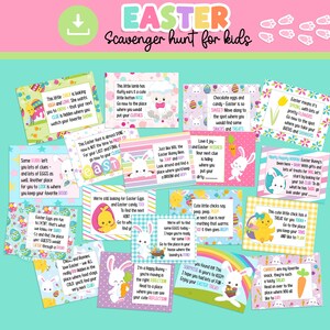 Pistas de Pascua para niños, tarjetas de BÚSQUEDA DEL TESORO de Pascua para imprimir en interiores, lindos y coloridos juegos de conejitos de Pascua para niños, búsqueda de huevos de Pascua