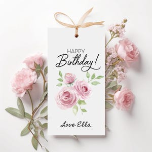 Étiquettes d'anniversaire à imprimer pour elle MODIFIABLES Étiquette-cadeau de joyeux anniversaire pour femme, mère, maman, soeur, tante, grand-mère, amie, roses, fleur, étiquette numérique