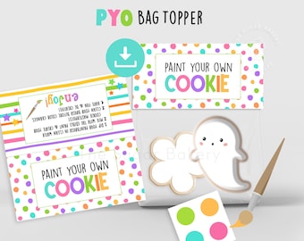 May include: A printable "Paint Your Own Cookie" bag topper with colorful polka dots and stars. The topper includes instructions for decorating cookies with edible paint.
