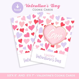Joyeuse Saint-Valentin carte à biscuits, carte à biscuits coeurs roses violets, carte à biscuits chérie, carte à biscuits imprimable Saint-Valentin faveur des enfants