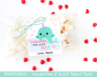 May include: Printable Valentine's Day treat tag featuring a cartoon narwhal with the text "Valentine I think you're nar-ley" and "Love, Taylor".
