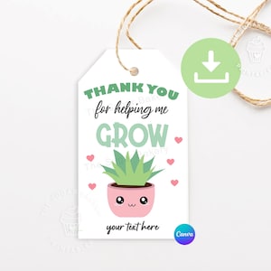 Merci de m'avoir aidé à grandir, étiquettes-cadeaux d'appréciation des enseignants, étiquettes de plantes, étiquette-cadeau de plantes succulentes de cactus, étiquette-cadeau de fin d'année pour enseignant