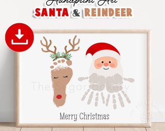 May include: Printable handprint art featuring a reindeer and Santa Claus. The reindeer is made with a footprint and the Santa Claus is made with handprints. The art is on a white background with the text "Merry Christmas".
