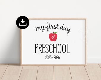 My First day of PRESCHOOL Sign, Preschool sign, Preschool Printable SIGN, Preschool Chalkboard Apple Sign, Digital Instant download  BW101