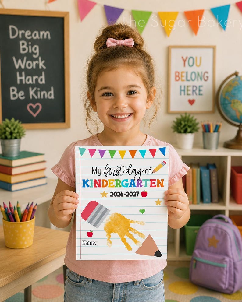 May include: A white rectangular sign with lined paper background featuring the text My first day of KINDERGARTEN 2026-2027. The design includes colorful bunting, a pencil, apples, stars, a heart, and a large yellow handprint graphic with a pencil tip.