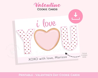 Tarjeta de galleta de San Valentín con la frase "TE AMO", 3,5" x 5" y 5" x 7", tarjeta de galleta con corazones de San Valentín, tarjeta de galleta para el día de San Valentín imprimible