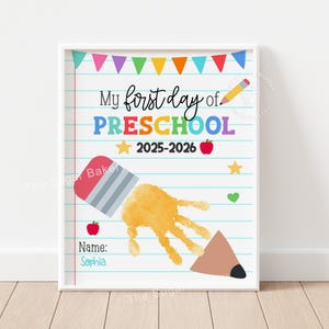 First Day of Preschool Handprint Craft Printable 2025 Back to School Keepsake DIY Memory Activity Teacher Classroom Preschool Handprint Art