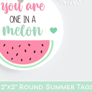 Pode incluir: Etiqueta redonda branca com o texto "you are ONE IN A melon" em rosa e verde. Um gr&aacute;fico de fatia de melancia est&aacute; na parte inferior. A etiqueta tem 5,08 cm x 5,08 cm e est&aacute; rotulada como "ROUND SUMMER TAGS".