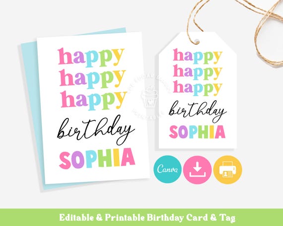 Printable Birthday Card for kids, Birthday Gift for niece daughter granddaughter, Rainbow Birthday Gift Tags, EDITABLE Birthday Card and Tag