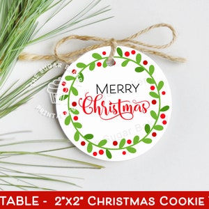 Merry Christmas Cookie Tags, Ronde 2x2 Kerst Cookie Tag, Cookie Tags Kerst Afdrukbaar, Kerst Holly Berry Krans tag, Cookie tags