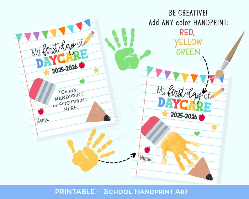 First Day of Daycare Handprint Craft Printable 2025 Back to School ...
