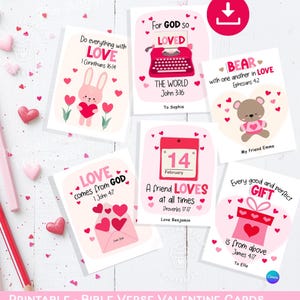 Cartões de versículos bíblicos para crianças, cartões de amor para impressão do Dia dos Namorados, cartões de amor para sala de aula cristã, cartão de amor