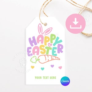 Pu&ograve; includere: Un'etichetta regalo di Pasqua stampabile con un testo "Buona Pasqua" arcobaleno pastello, una carota e orecchie di coniglio. L'etichetta ha uno spazio per "Il tuo testo qui".