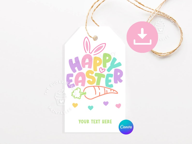 Pu&ograve; includere: Un'etichetta regalo di Pasqua stampabile con un testo "Buona Pasqua" arcobaleno pastello, una carota e orecchie di coniglio. L'etichetta ha uno spazio per "Il tuo testo qui".