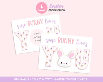 Afdrukbare paaskoekjeskaart Some BUNNY loves YOU Mini- en 5 x 7-koekjeskaart Paashaaskoekjeskaarten Paaskoekjes Roze-paarse kaart