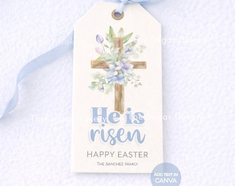 Han är uppstånden PÅSKETIKETT utskrivbar, redigerbar påskpresentetikett blå blommig kors påsk Jesus är uppstånden kristen påskpresentetikett, söndagsskola