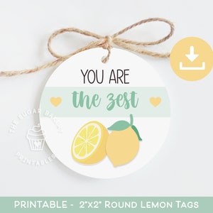Puede incluir: Etiquetas redondas de limón imprimibles con el texto "You are the zest" y dos limones con hojas verdes. Las etiquetas miden 2 pulgadas por 2 pulgadas.