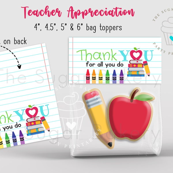 Teacher THANK YOU Treat Bag Topper 4, 4.5, 5, 6 and 6.5" Teacher Appreciation Week, Teacher Thank You Tag Bag topper, Teacher Gift Tag Card