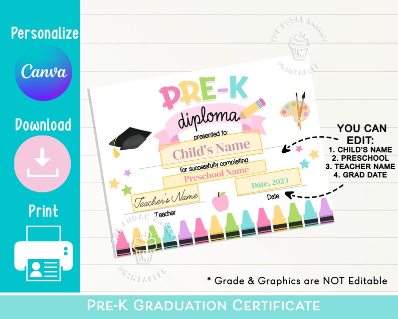 K&ouml;nnte beinhalten: Ein druckbares Vorschul-Abschlusszertifikat in rosa, gelber und blauer Farbgebung. Das Zertifikat zeigt eine Abschluss-Kappe, Buntstifte und eine Farbpalette. Der Text "PRE-K diploma" ist in einer gro&szlig;en, bunten Schriftart. Der Text "Sie k&ouml;nnen bearbeiten" ist in schwarzer Schrift und listet die bearbeitbaren Felder auf: Name des Kindes, Vorschule, Name des Lehrers und Abschlussdatum.