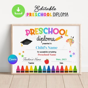 Bearbeitbares Vorschuldiplom, Vorschul-Abschlussdiplom, PRESCHOOL-Abschlusszertifikat, Vorschuldiplom-Vorlage, Vorschuldiplom