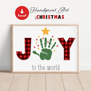 Arte con huellas de manos JOY to the world, árbol de Navidad con cuadros escoceses, manualidad con huellas de manos para preescolar, regalo de recuerdo con huellas de manos, manualidad imprimible