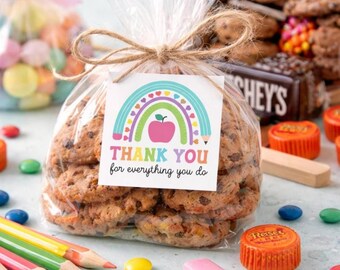 Lehrer Wertschätzung Tag druckbar, bearbeitbar Danke Lehrer Geschenkanhänger, Regenbogen Apfel Lehrer Treat Tag, Canva