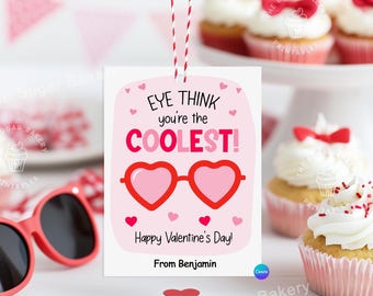 May include: Pink Valentine's Day gift tag with the text "EYE THINK you're the COOLEST!" and a pair of pink heart-shaped sunglasses. The tag also includes the text "Happy Valentine's Day!" and "From Benjamin".