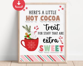 Letrero imprimible de chocolate caliente para el personal, barra de chocolate de agradecimiento para empleados, letrero surtido de dulces navideños, letrero de agradecimiento para maestros