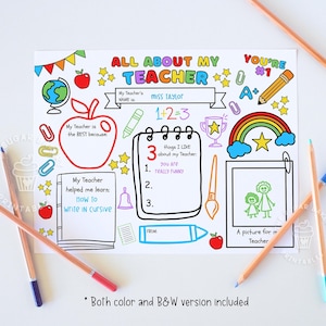 Regalos imprimibles de agradecimiento a los maestros Regalos de agradecimiento para maestros Páginas para colorear Niños de la escuela Semana de agradecimiento a los maestros Descarga digital instantánea