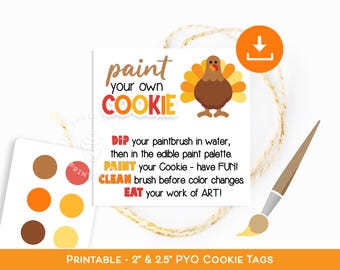 PYO Cookie Kit Tags, PYO Thanksgiving Cookies tag Paint your own Instructions & Directions, Pyo Cookie Turkey Autumn Fall PYO kit tag card