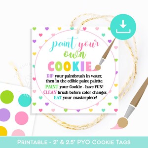 PYO COOKIE TAG, istruzioni per il kit di biscotti colorati da dipingere con le tue mani, cuori arcobaleno, istruzioni per l'etichetta per biscotti per la festa di compleanno di Pyo