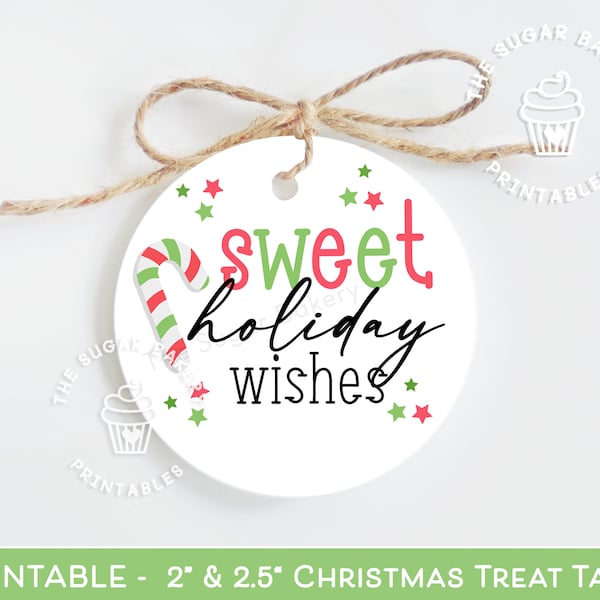SWEET Holiday Wishes Cookie Tag, Candy Cane Cookie Tag, Printable Christmas Gift tag, Christmas Treat Tag, Sweet Treat Round cookie tag