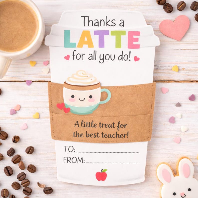 Op de afbeelding: Een witte cadeaukaart in de vorm van een koffiebeker met de tekst "Thanks a LATTE for all you do!" en "A little treat for the best teacher!". De kaart heeft een bruine mouw en een schattige koffiekopjes illustratie.